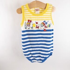 Vintage 90s Buster Brown Ocean Print Summer Romper Retro Yellow Blue Baby Sz 12m